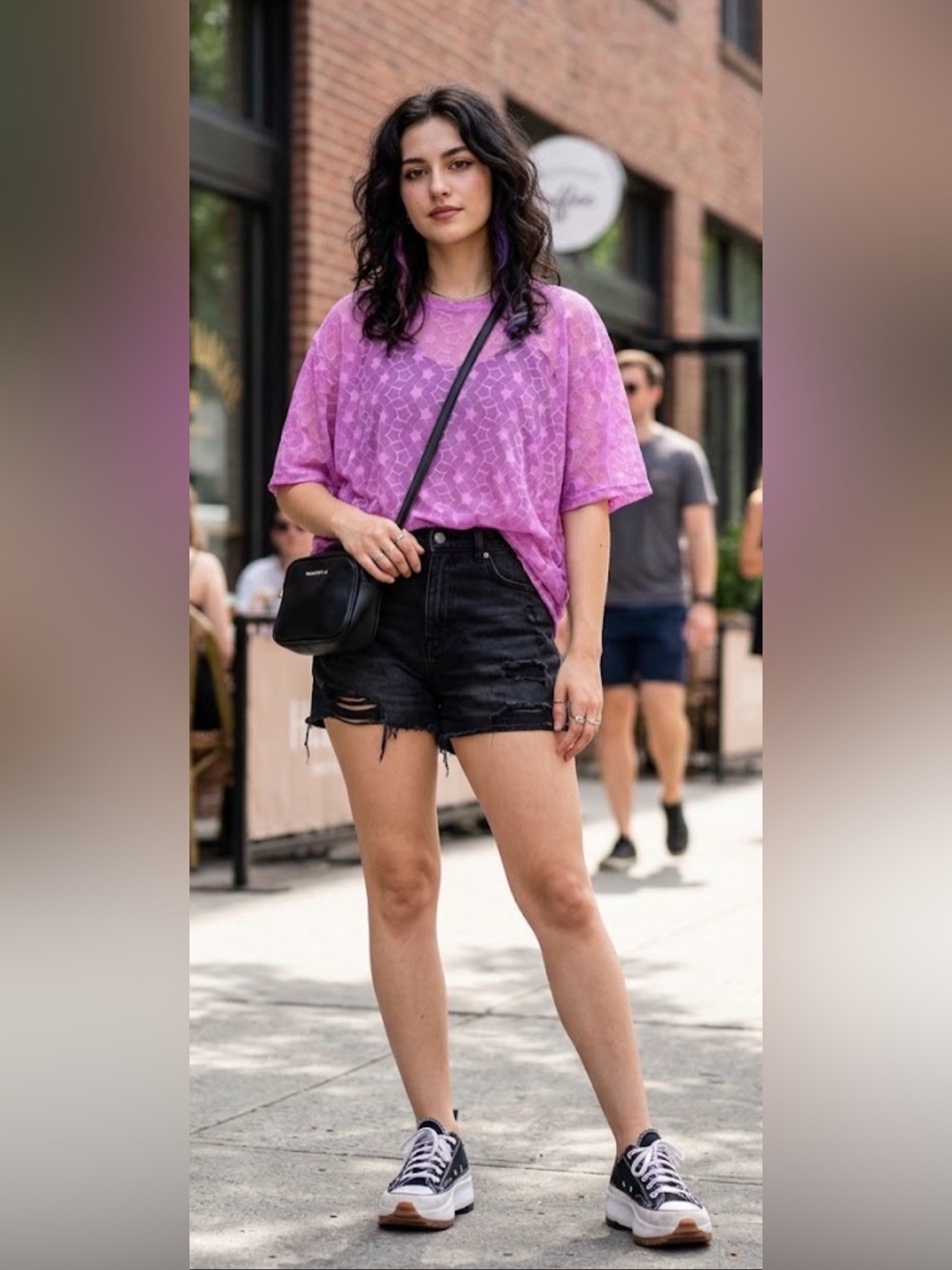 Logo layers semi-sheer mesh top decorated with an all-over star pattern pink